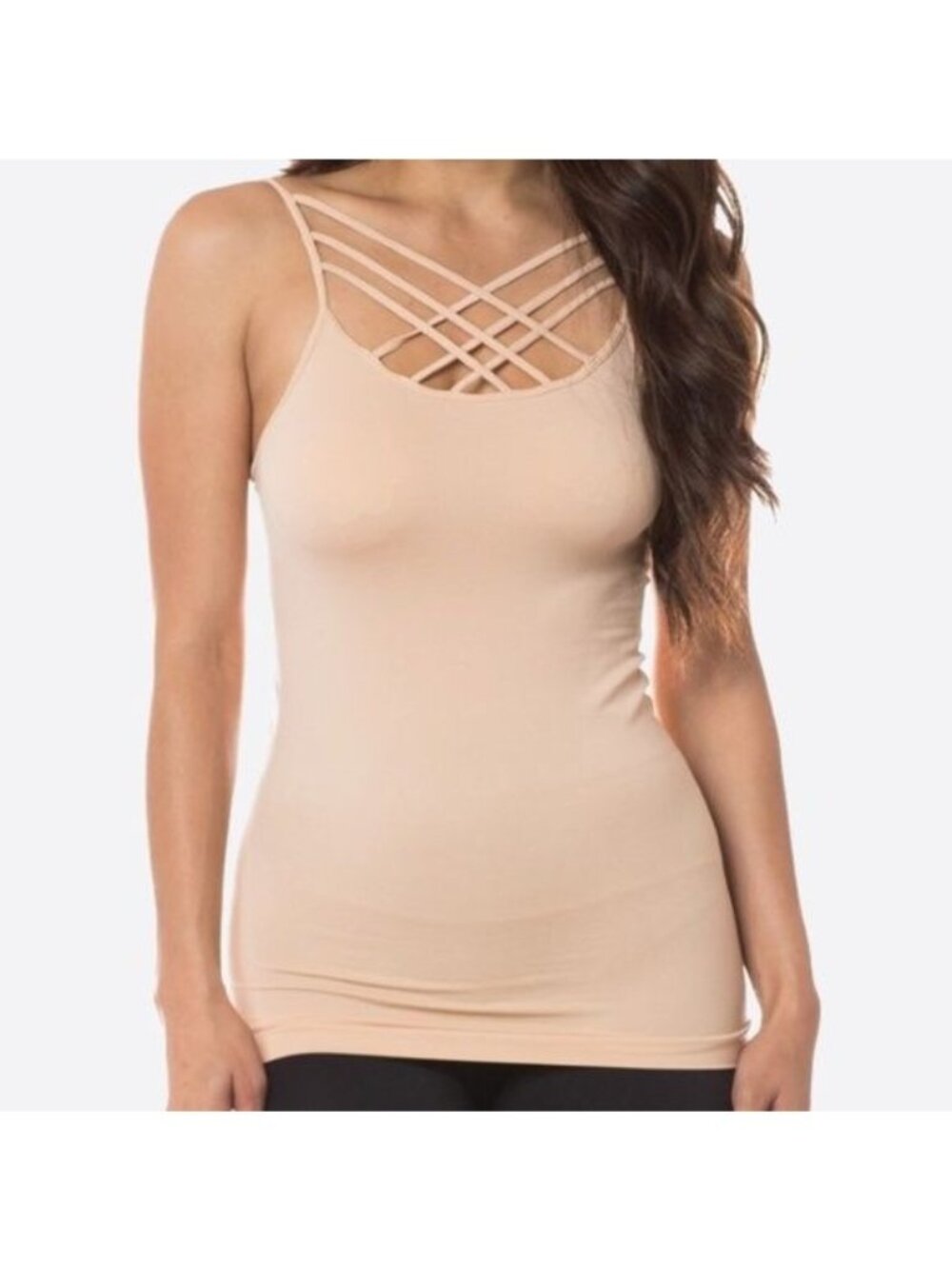 Bodycon Solid Nude Tan Triple Criss Cross Camisole Undershirt Tank Top Shirt